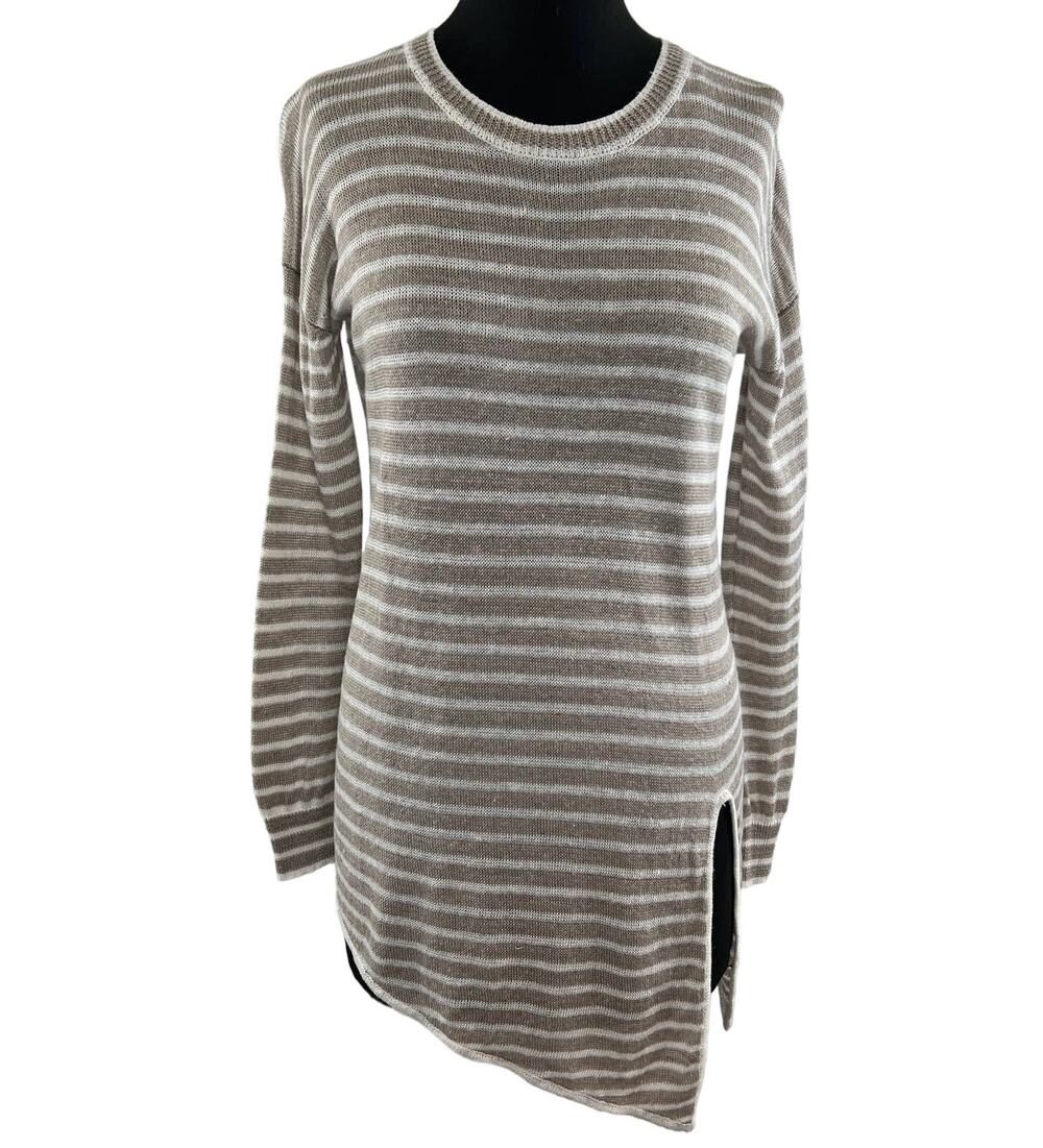 White + Warren Tan White Striped Linen Long Sleeve Round Neck Tunic Size XS